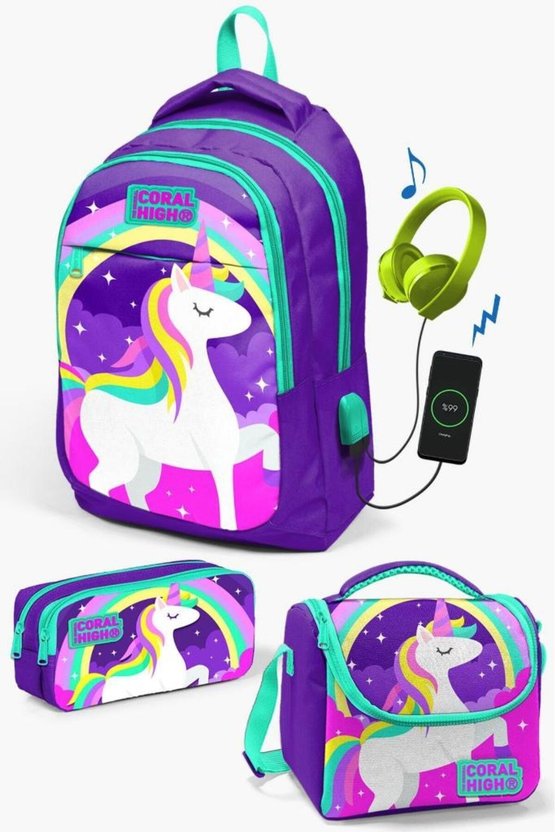 Kids Mor Su Yeşili Unicorn Desenli Usbli 3’lü Okul Çanta Seti SET0123415