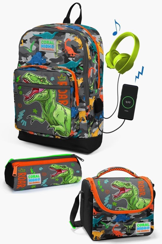 Kids Siyah Gri Dinozor Desenli USBli 3’lü Okul Çanta Seti SET0123844