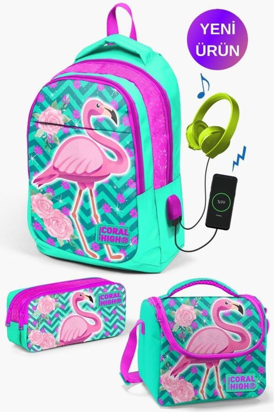 Su Yeşili Pembe Simli Flamingo Desenli Usbli 3’lü Okul Çanta Seti GOSET0123411