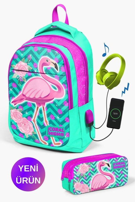 Kids Su Yeşili Pembe Simli Flamingo Desenli Usbli 2li Okul Çanta Seti GOSET0223411