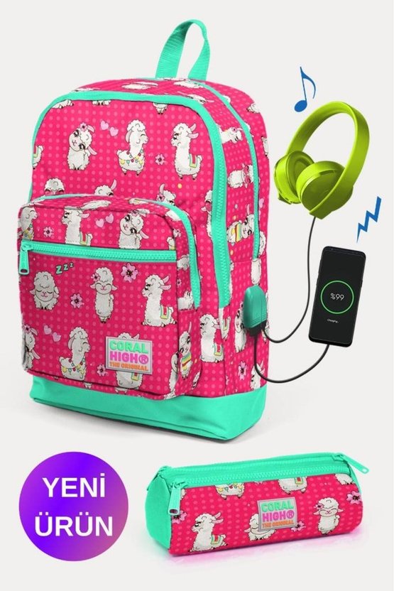 Kids Neon Mercan Su Yeşili Alpaka Desenli USBli 2li Okul Çanta Seti GOSET0223268