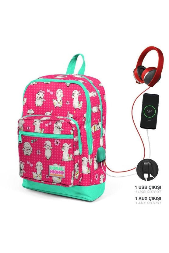 Kids Neon Mercan Su Yeşili Alpaka Desenli USBli 2li Okul Çanta Seti GOSET0223268