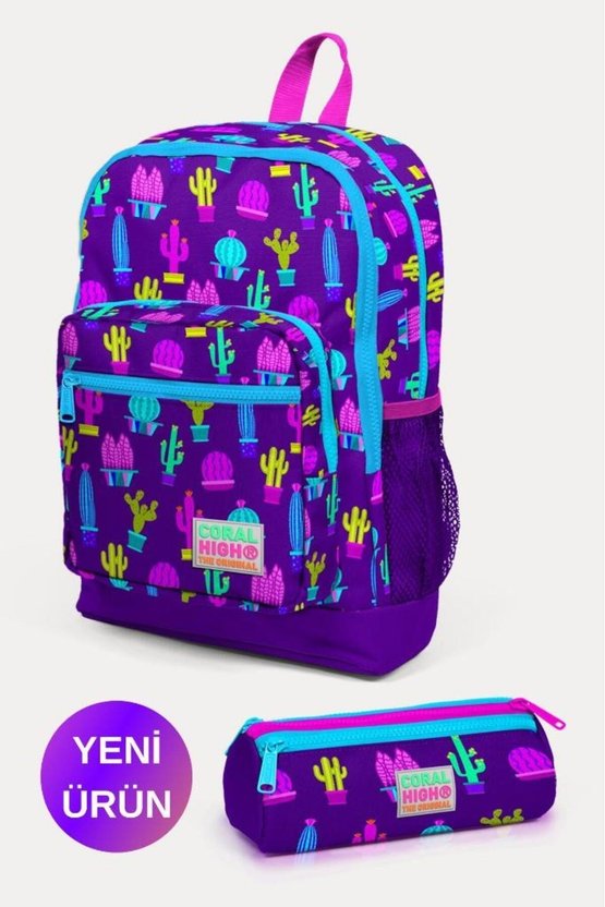 Kids Mor Pembe Kaktüs Desenli 2li Okul Çanta Seti GOSET0223108