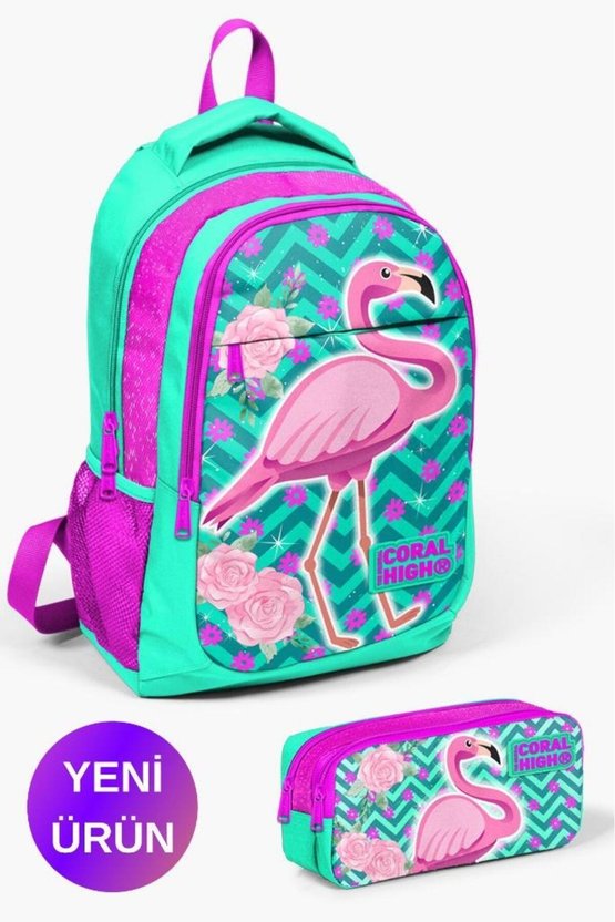 Kids Su Yeşili Pembe Simli Flamingo Desenli 2li Okul Çanta Seti GOSET0214382