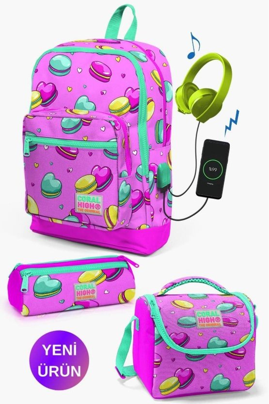 Açık Pembe Su Yeşili Makaron Desenli USBli 3’lü Okul Çanta Seti GOSET0123261