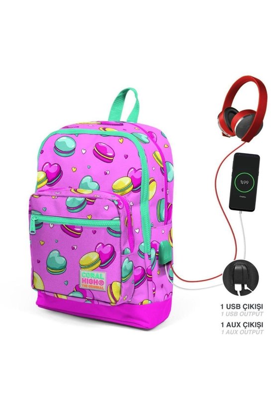 Açık Pembe Su Yeşili Makaron Desenli USBli 3’lü Okul Çanta Seti GOSET0123261