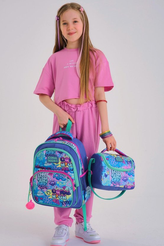 Kids Lavanta Su Yeşili Grafiti Desenli 3lü Okul Çanta Seti SET0114414
