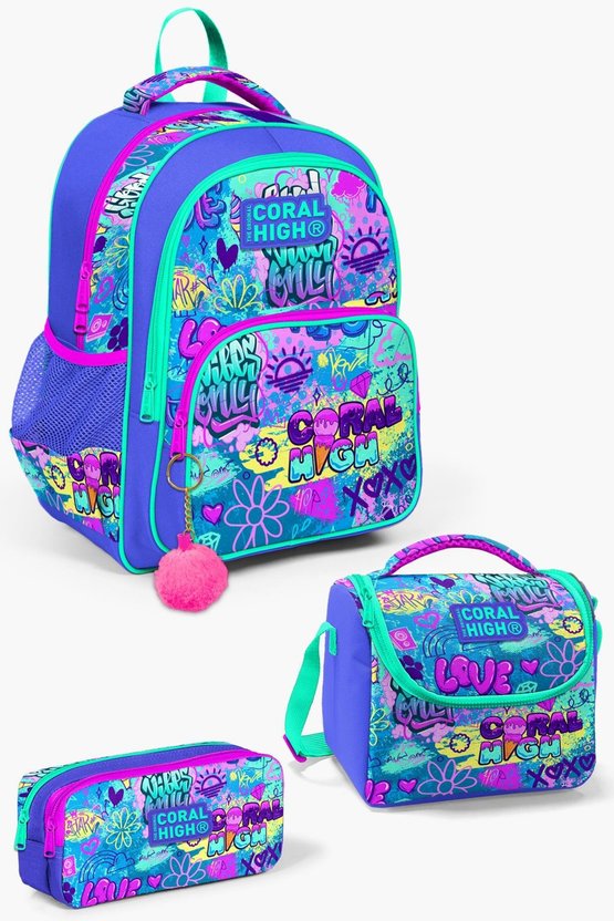 Kids Lavanta Su Yeşili Grafiti Desenli 3lü Okul Çanta Seti SET0114414