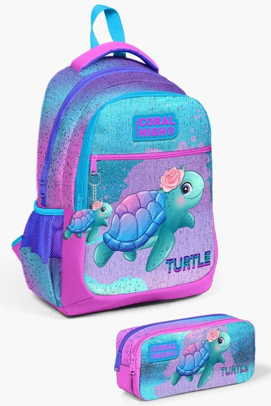 Kids Açık Pembe Mavi Kaplumbağa Desenli 2li Okul Çanta Seti SET0223497