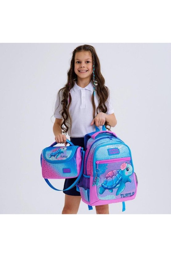 Kids Açık Pembe Mavi Kaplumbağa Desenli 3’lü Okul Çanta Seti GOSET0123497