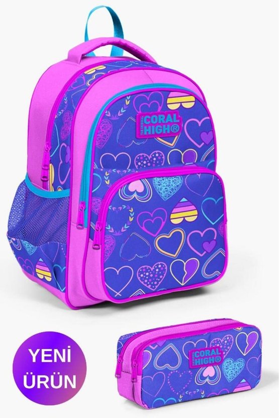 Kids Açık Pembe Lavanta Kalp Desenli 2liOkul Çanta Seti GOSET0223401