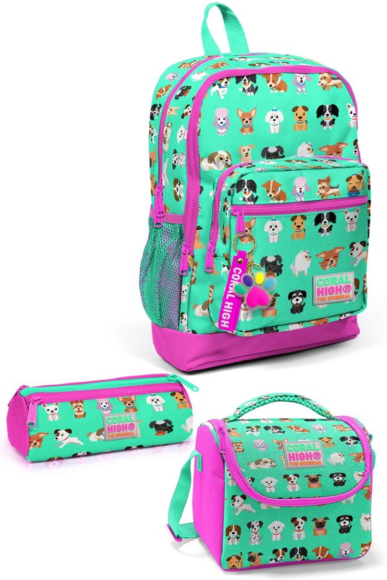 Kids Su Yeşili Neon Pembe Köpek Desenli 3’lü Okul Çanta Seti SET0123465