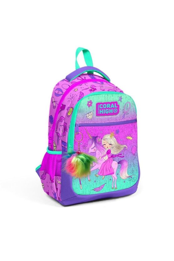 Kids Açık Pembe Mor Unicornlu Prenses Desenli Üç Bölmeli Okul Sırt Çantası 23481