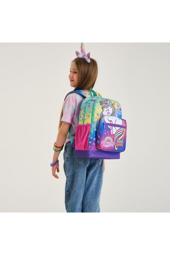 Kids Lavanta Su Yeşili Unicorn Desenli Dört Bölmeli Okul Sırt Çantası 23729