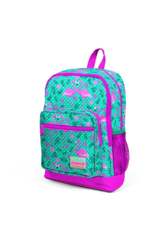 Kids Su Yeşili Pembe Flamingo Desenli Dört Bölmeli Okul Sırt Çantası 23712