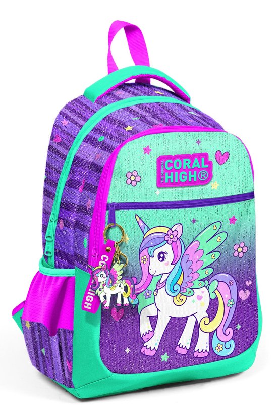 Kids Mor Su Yeşili Unicorn Desenli Üç Bölmeli Okul Sırt Çantası 23487