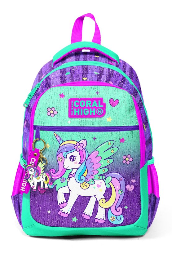 Kids Mor Su Yeşili Unicorn Desenli Üç Bölmeli Okul Sırt Çantası 23487