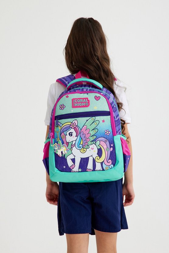 Kids Mor Su Yeşili Unicorn Desenli Üç Bölmeli Okul Sırt Çantası 23487