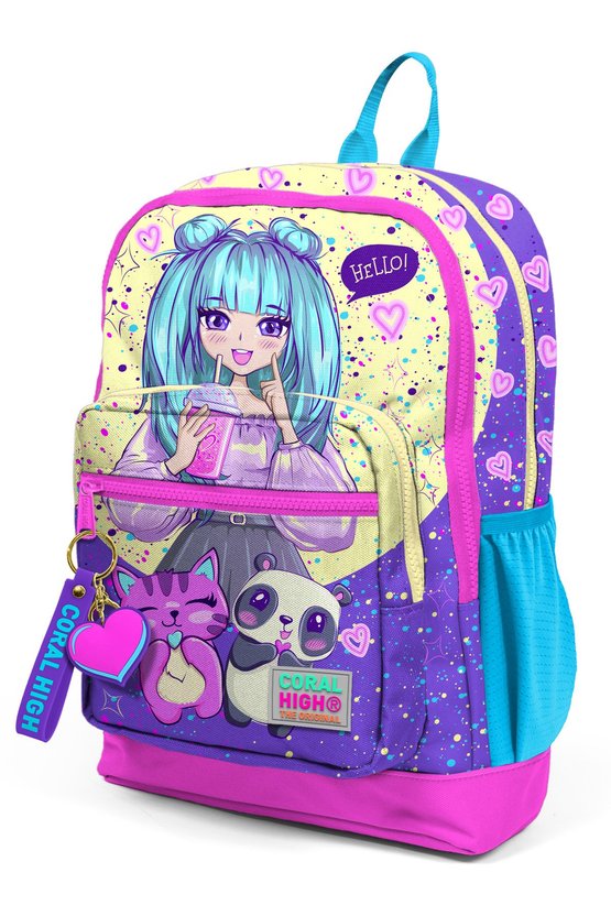 Kids Mor Pembe Anime Kız Desenli Dört Bölmeli Okul Sırt Çantası 23735