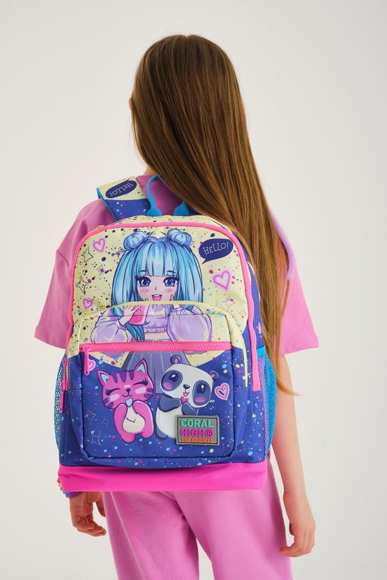 Kids Mor Pembe Anime Kız Desenli Dört Bölmeli Okul Sırt Çantası 23735