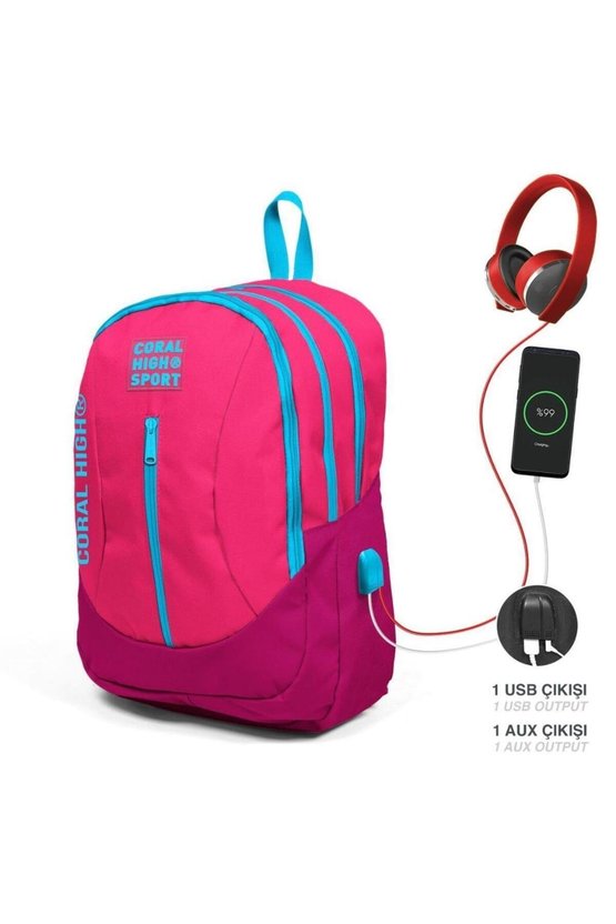 Sport Neon Mercan Kızıl USBli Dört Bölmeli Sırt Çantası 23450