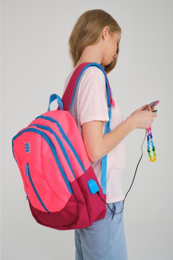 Sport Neon Mercan Kızıl USBli Dört Bölmeli Sırt Çantası 23450