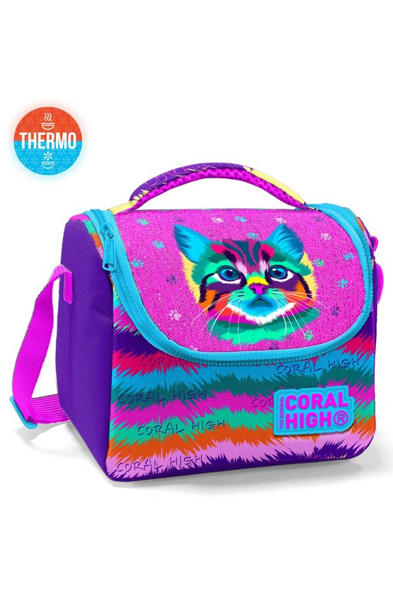 Kids Mor Pembe Kedi Desenli Thermo Beslenme Çantası İlköğretim Beslenme Çantası