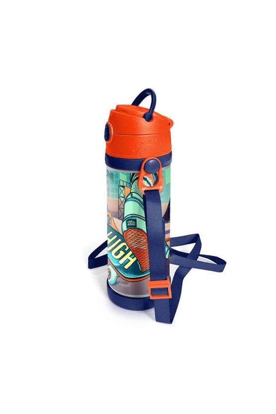 Kids Çivit Neon Turuncu Kaykay Desenli Pipetli Çelik Termos 500 ml 11923
