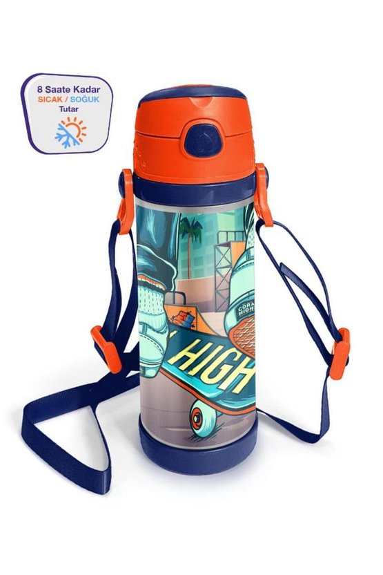 Kids Çivit Neon Turuncu Kaykay Desenli Pipetli Çelik Termos 500 ml 11923