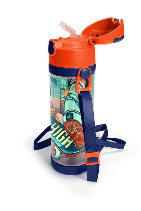 Kids Çivit Neon Turuncu Kaykay Desenli Pipetli Çelik Termos 500 ml 11923