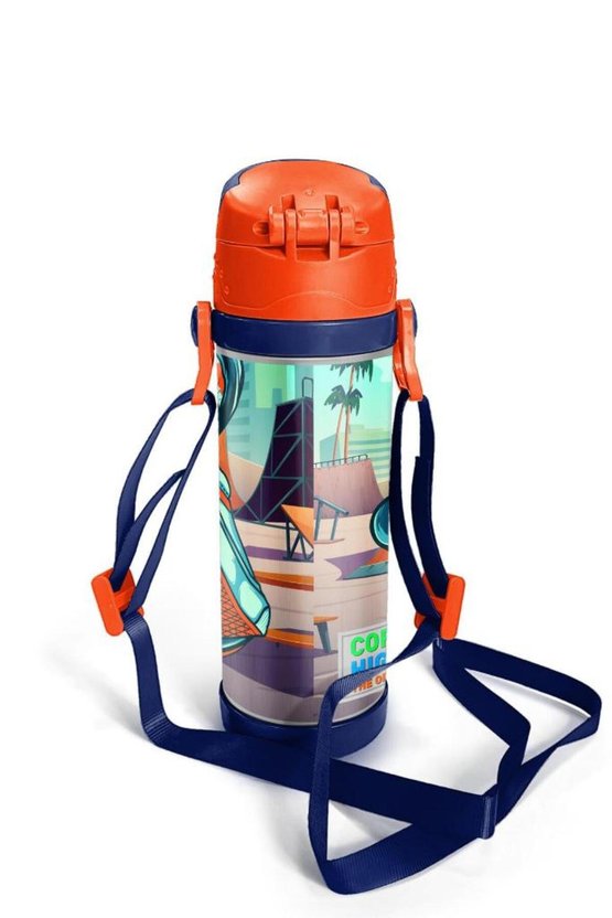 Kids Çivit Neon Turuncu Kaykay Desenli Pipetli Çelik Termos 500 ml 11923