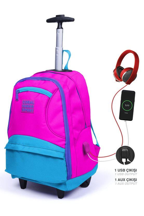 Sport Pembe Mavi Dört Bölmeli Usbli Çekçekli Sırt Çantası 23253