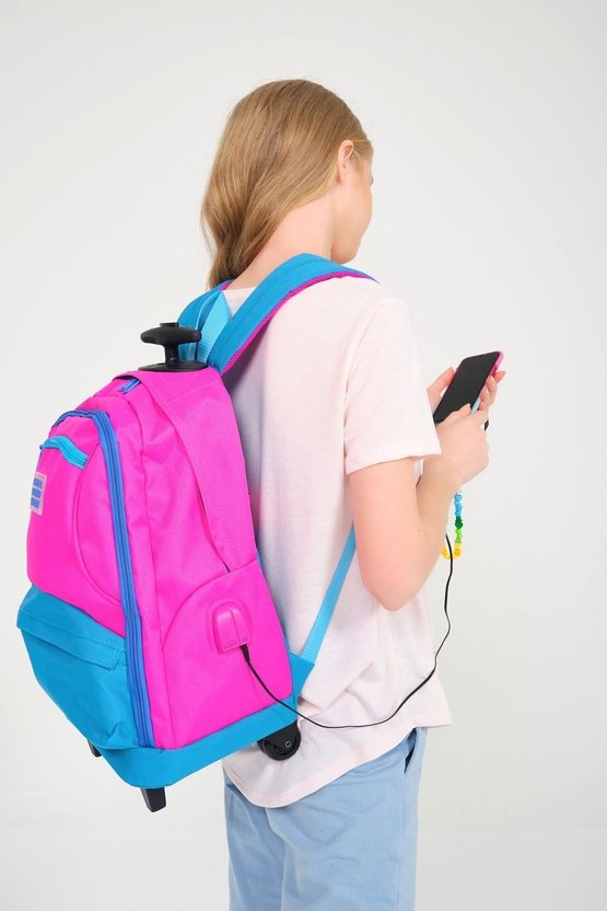 Sport Pembe Mavi Dört Bölmeli Usbli Çekçekli Sırt Çantası 23253