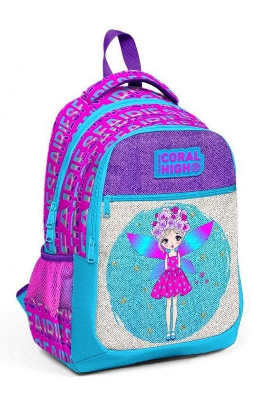 Kids Pembe Mavi Peri Desenli Simli Üç Bölmeli Okul Sırt Çantası 23484