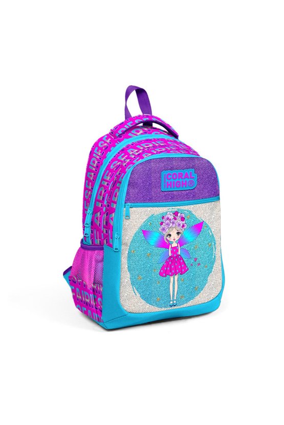 Kids Pembe Mavi Peri Desenli Simli Üç Bölmeli Okul Sırt Çantası 23484