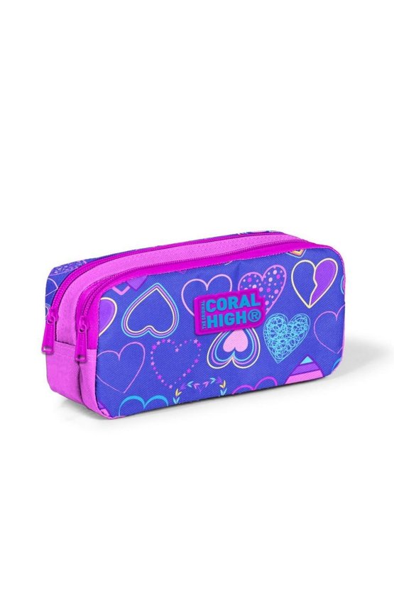 Kids Açık Pembe Lavanta Kalp Desenli Iki Bölmeli Kalem Çantası 22280