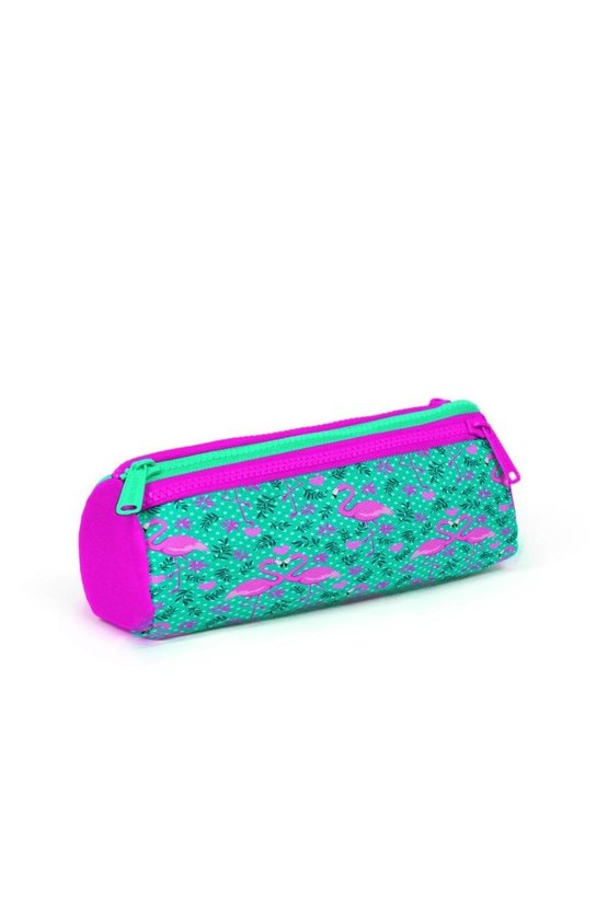 Kids Su Yeşili Pembe Flamingo Desenli Üç Bölmeli Kalem Çantası 22012