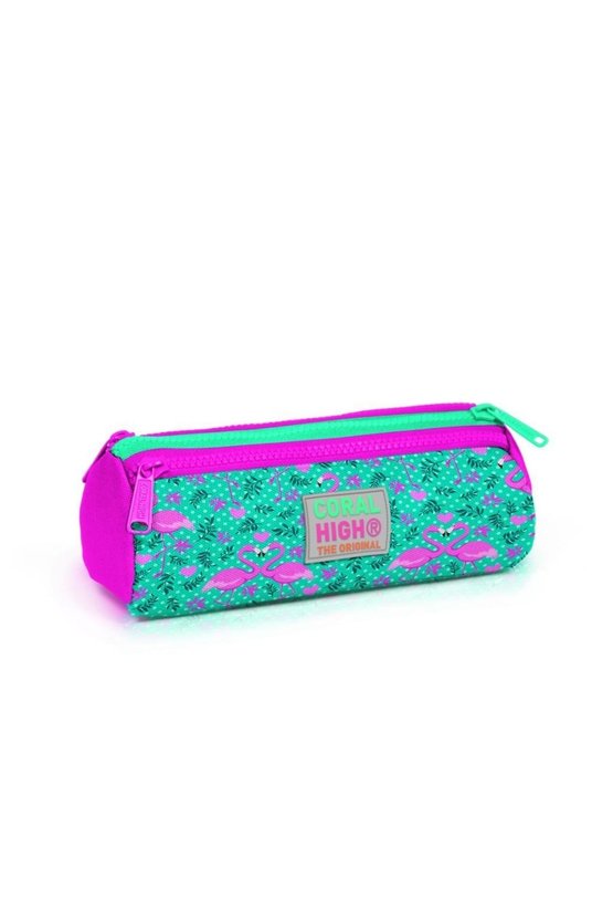 Kids Su Yeşili Pembe Flamingo Desenli Üç Bölmeli Kalem Çantası 22012