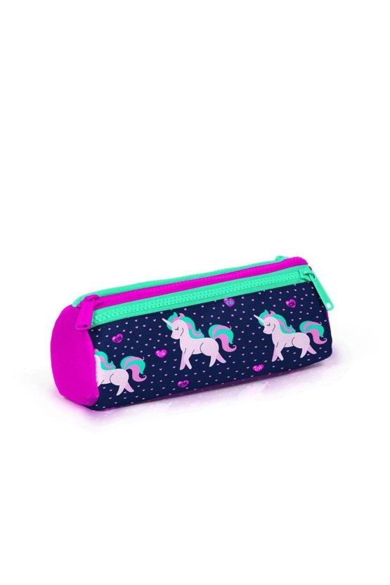 Kids Lacivert Pembe Unicorn Desenli Üç Bölmeli Kalem Çantası 22310