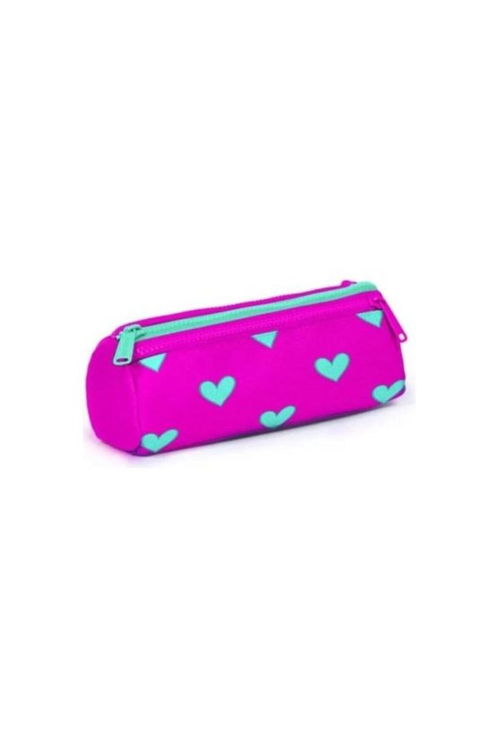 Kids Neon Pembe Su Yeşili Kalp Desenli Üç Bölmeli Kalem Çantası 22317