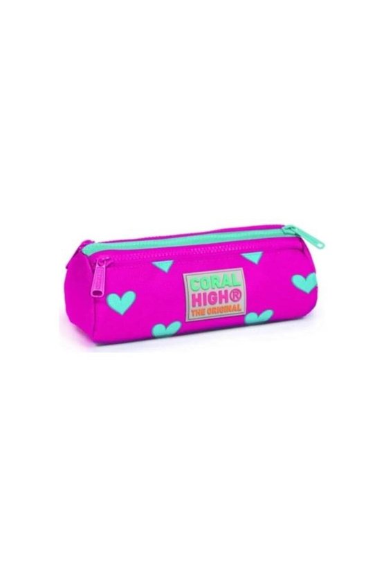 Kids Neon Pembe Su Yeşili Kalp Desenli Üç Bölmeli Kalem Çantası 22317