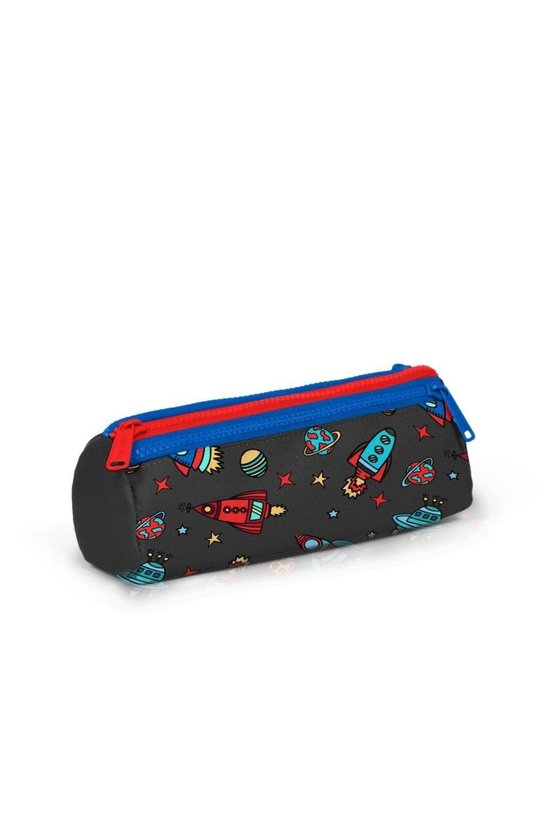 Kids Koyu Gri Kırmızı Uzay Desenli Üç Bölmeli Kalem Çantası 22319
