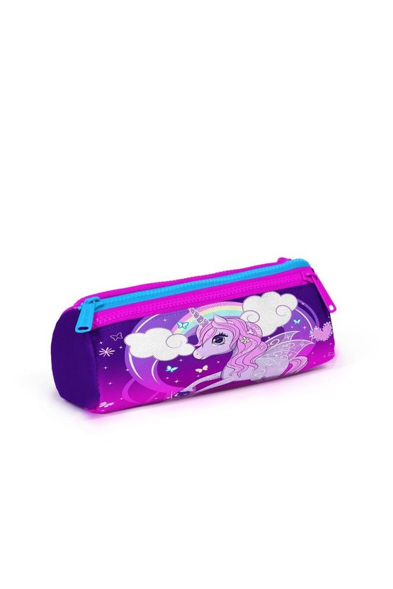 Kids Mor Pembe Unicorn Desenli Üç Bölmeli Kalem Çantası