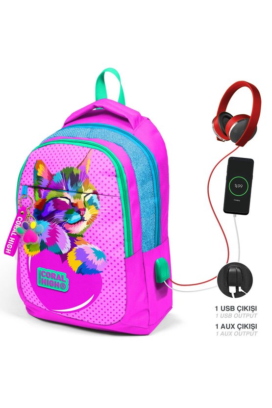 Kids Pembe Simli Kedi Desenli Üç Bölmeli Usbli Okul Sırt Çantası 24301