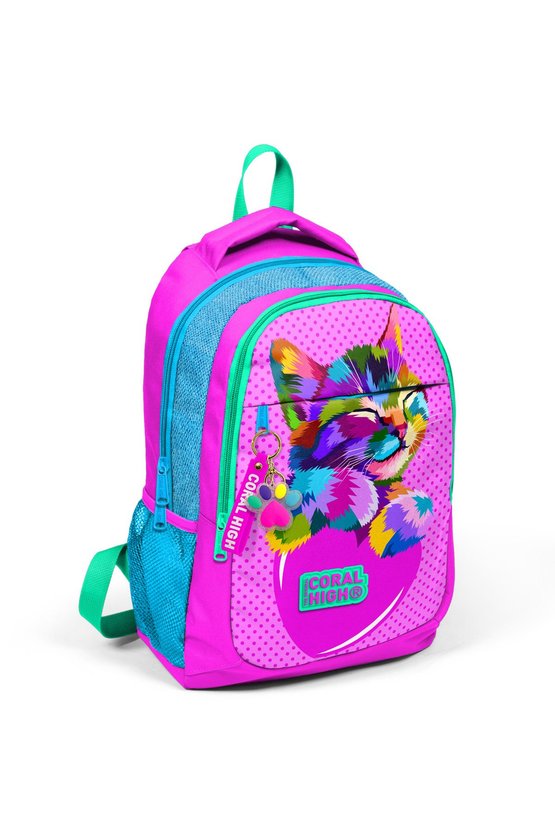 Kids Pembe Simli Kedi Desenli Üç Bölmeli Usbli Okul Sırt Çantası 24301