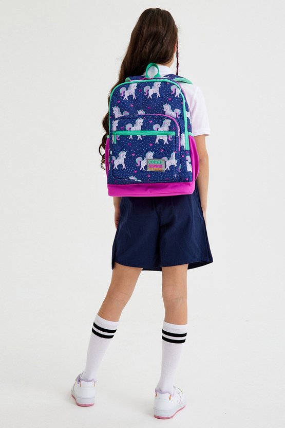 Kids LacivertPembe Unicorn Desenli Dört Bölmeli Okul Sırt Çantası 23467