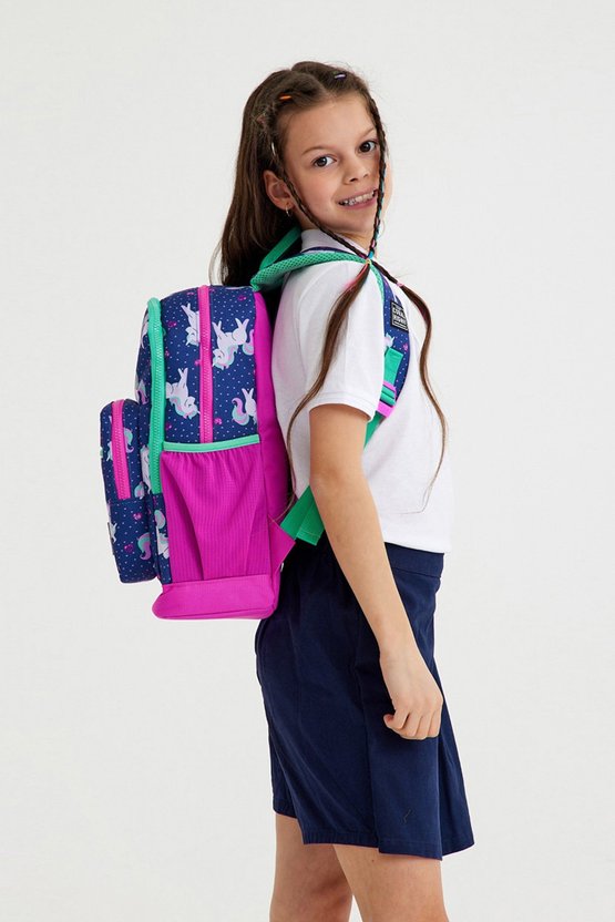 Kids LacivertPembe Unicorn Desenli Dört Bölmeli Okul Sırt Çantası 23467
