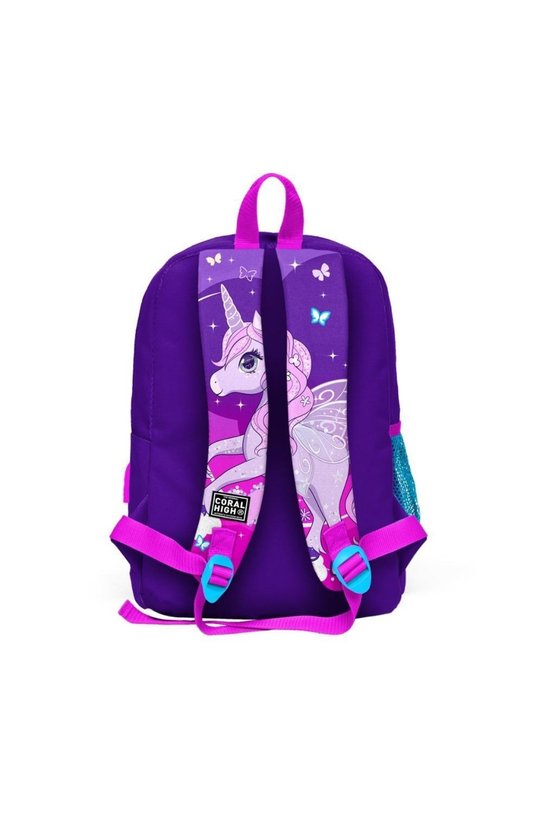 Kids Mor Pembe Unicorn Desenli Dört Bölmeli Usb Şarjlı Kulaklık Çıkışlı Okul Sırt Çantası