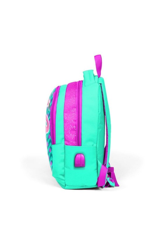 Kids Su Yeşili Pembe Simli Flamingo Desenli Üç Bölmeli Usb Şarjlı Kulaklık Çıkışlı Okul S