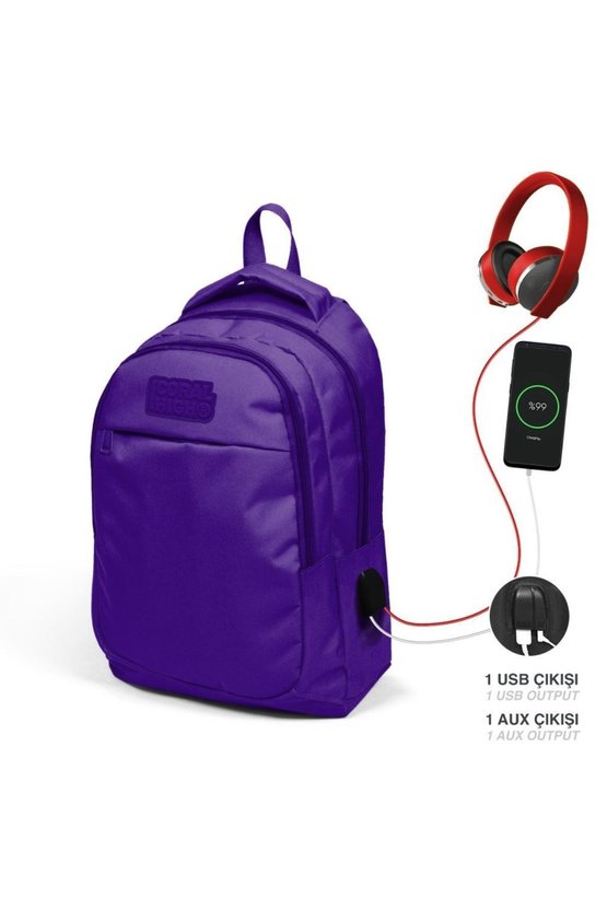 Kids Mor Üç Bölmeli Usb Şarjlı Kulaklık Çıkışlı Okul Sırt Çantası 24311